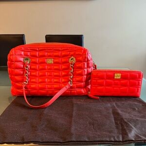 Kate Spade Boston Bag Quilted Blood Orange Lambskin Leather And Wallet